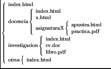 $\textstyle \left\{ \begin{array}{l}
\mbox{index.html} \\
\mbox{docencia}
\left...
...egin{array}{l}
\mbox{index.html} \\
\end{array} \right. \\
\end{array}\right.$
